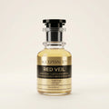 Perfume bottle labeled 'Red Veil' by Acceptance on a beige background