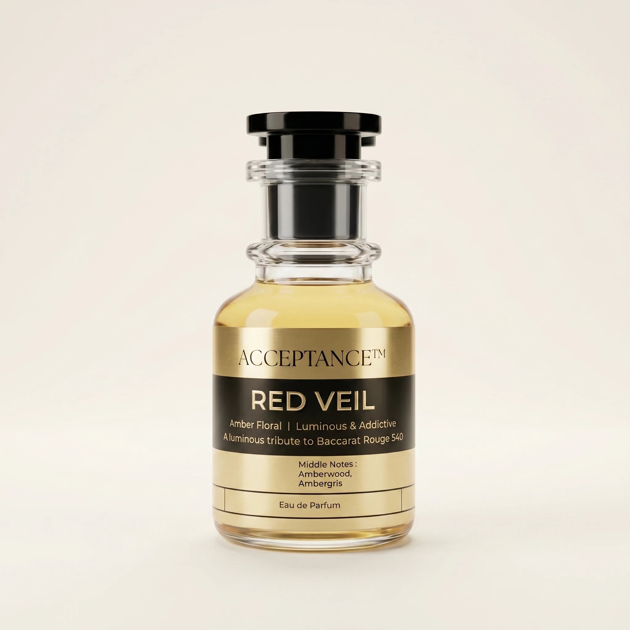 Perfume bottle labeled 'Red Veil' by Acceptance on a beige background