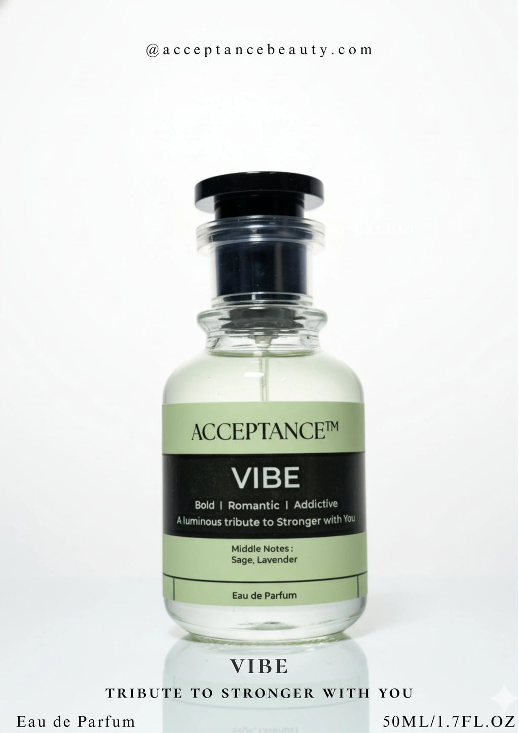 Perfume bottle labeled 'Acceptance' with 'Vibe' on a white background