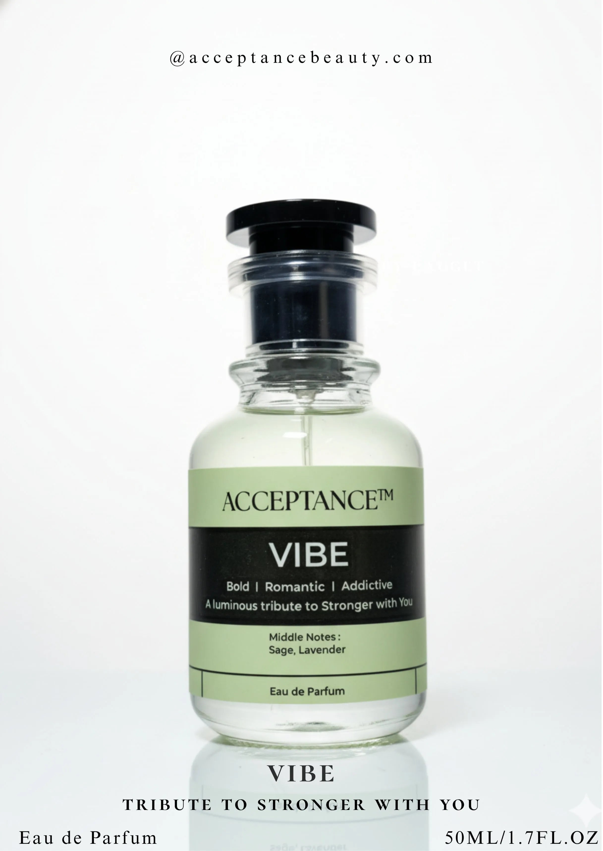 Perfume bottle labeled 'Acceptance' with 'Vibe' on a white background