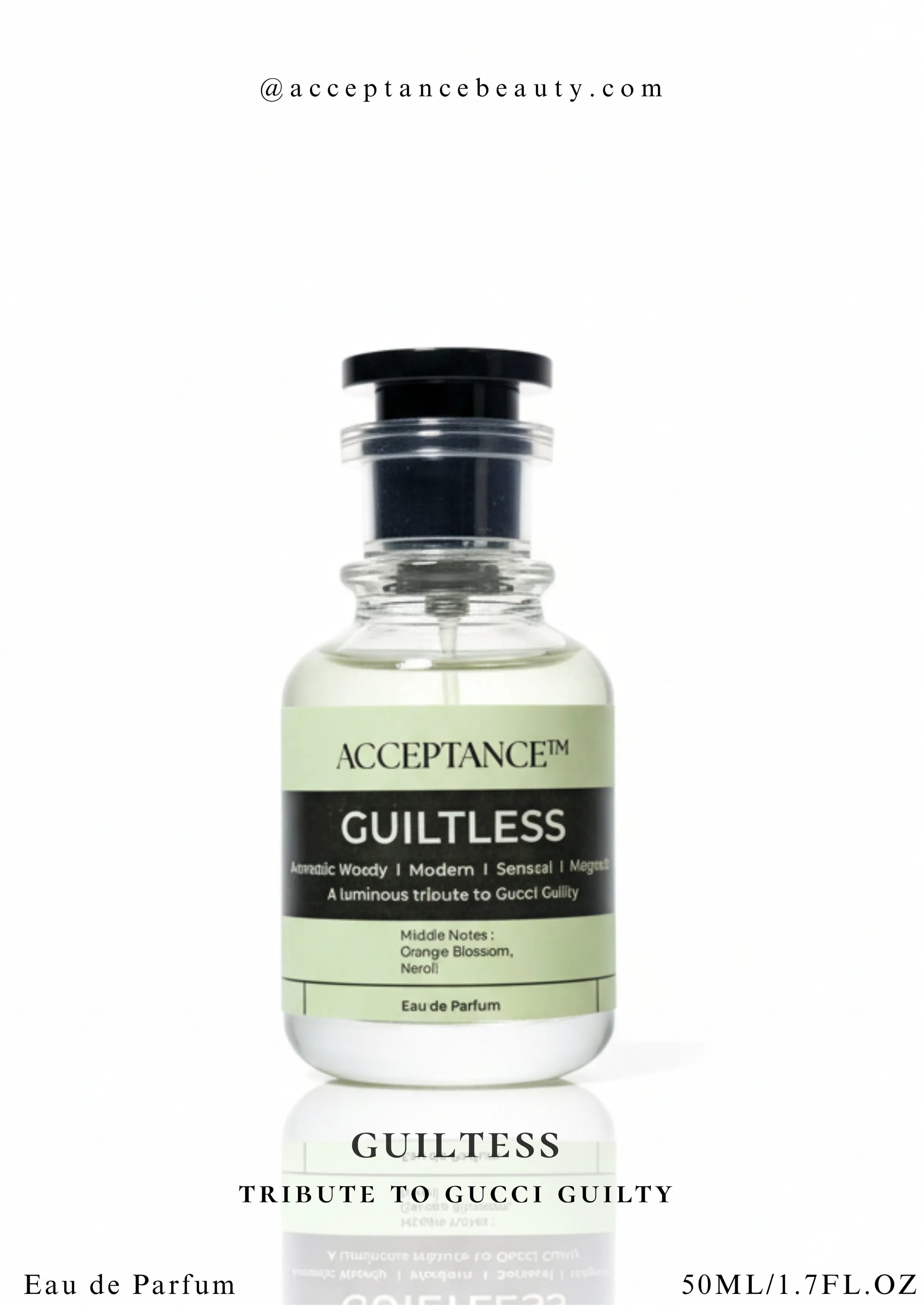 Bottle of Acceptance Guiltless eau de parfum on a white background