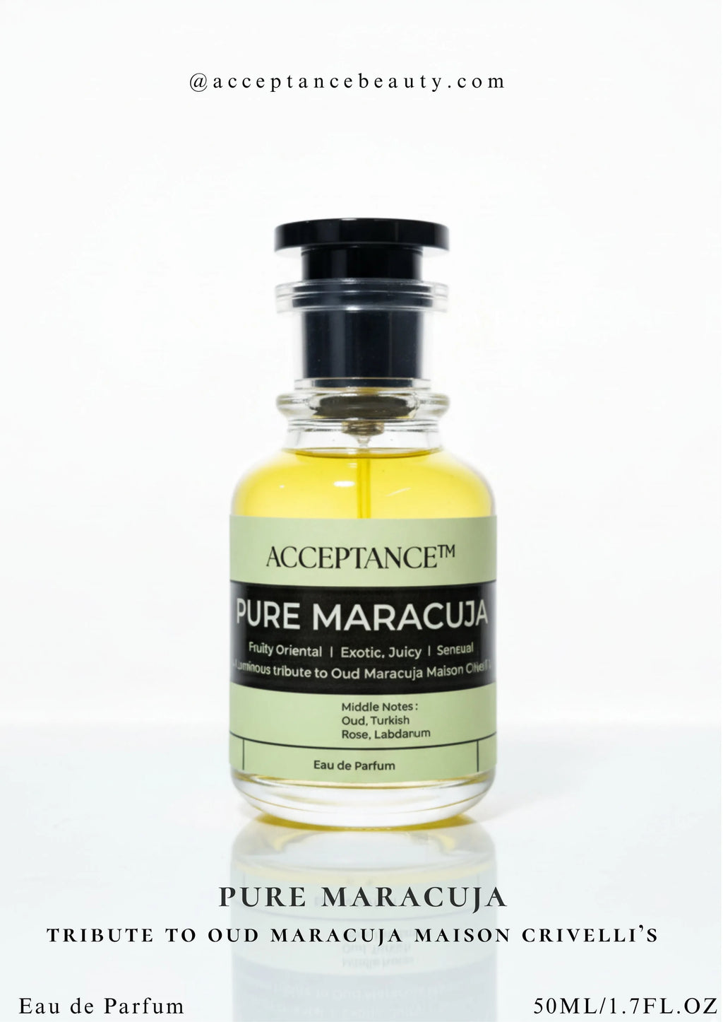 Bottle of Acceptance Pure Maracuja perfume on a white background