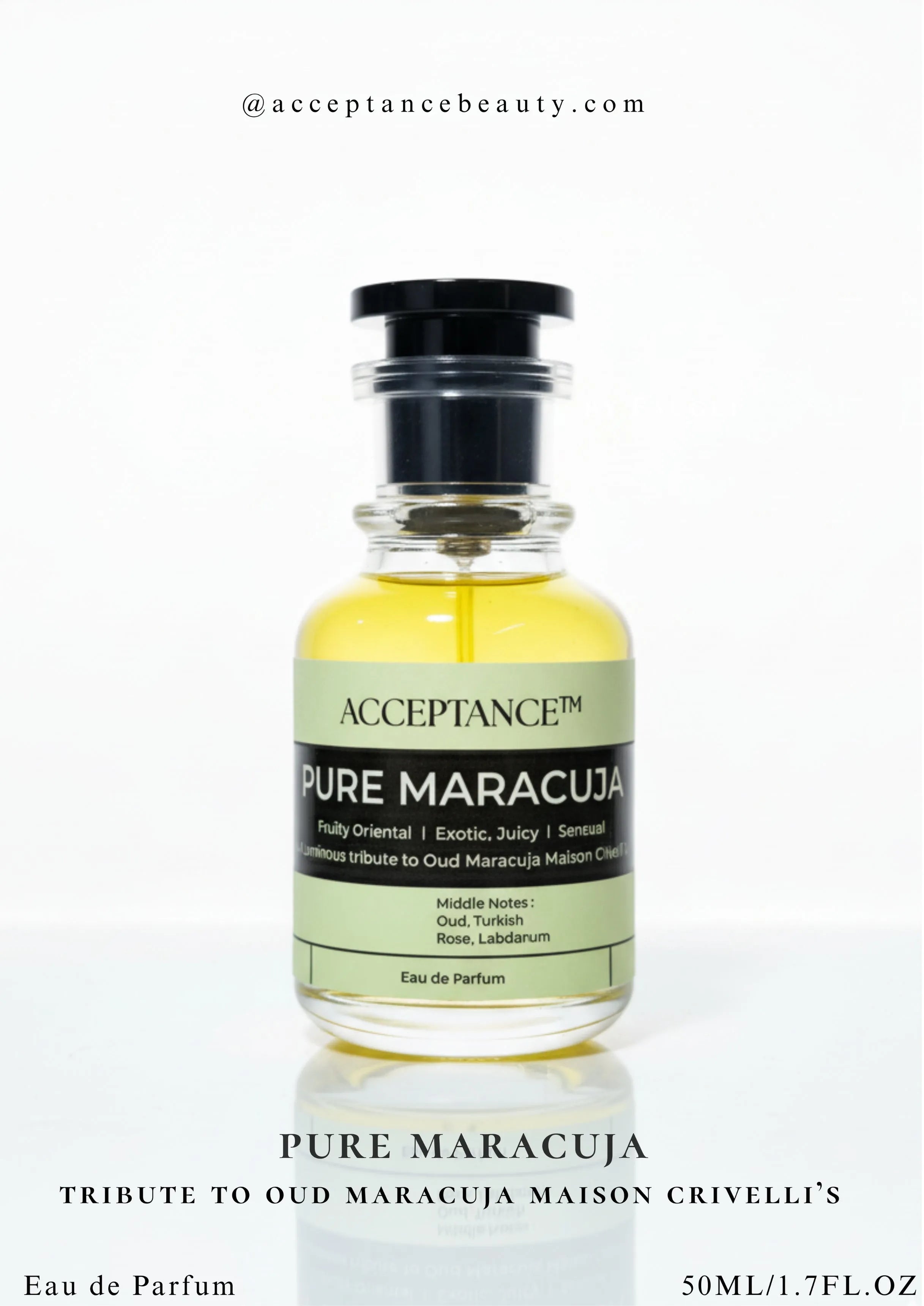 Bottle of Acceptance Pure Maracuja perfume on a white background