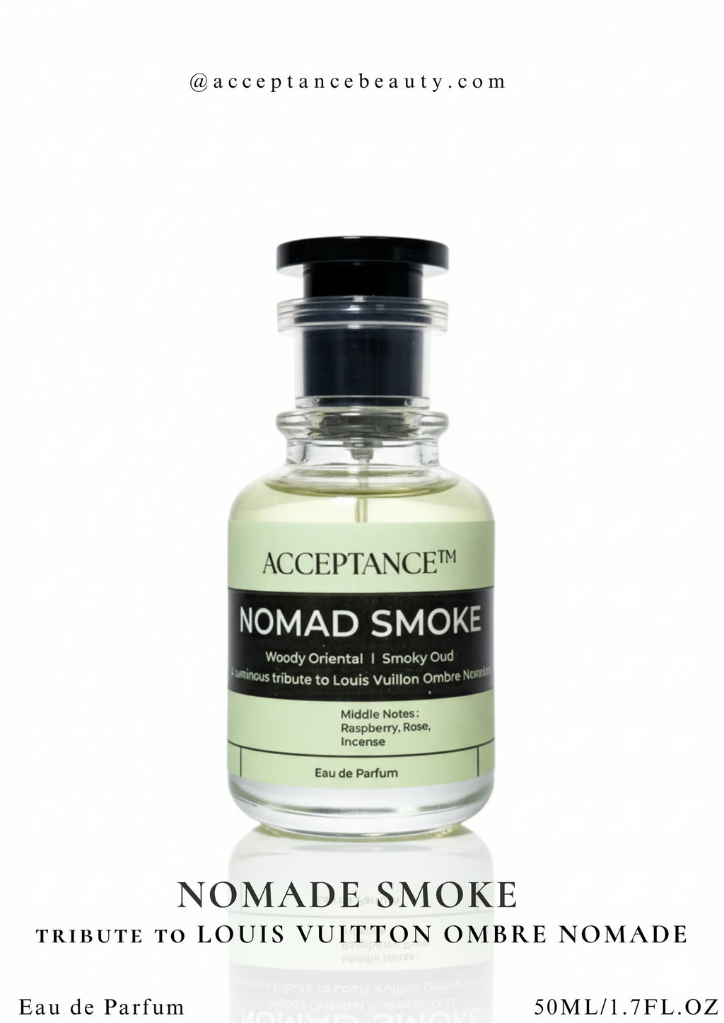 Perfume bottle labeled 'Nomad Smoke' by Acceptance on a white background