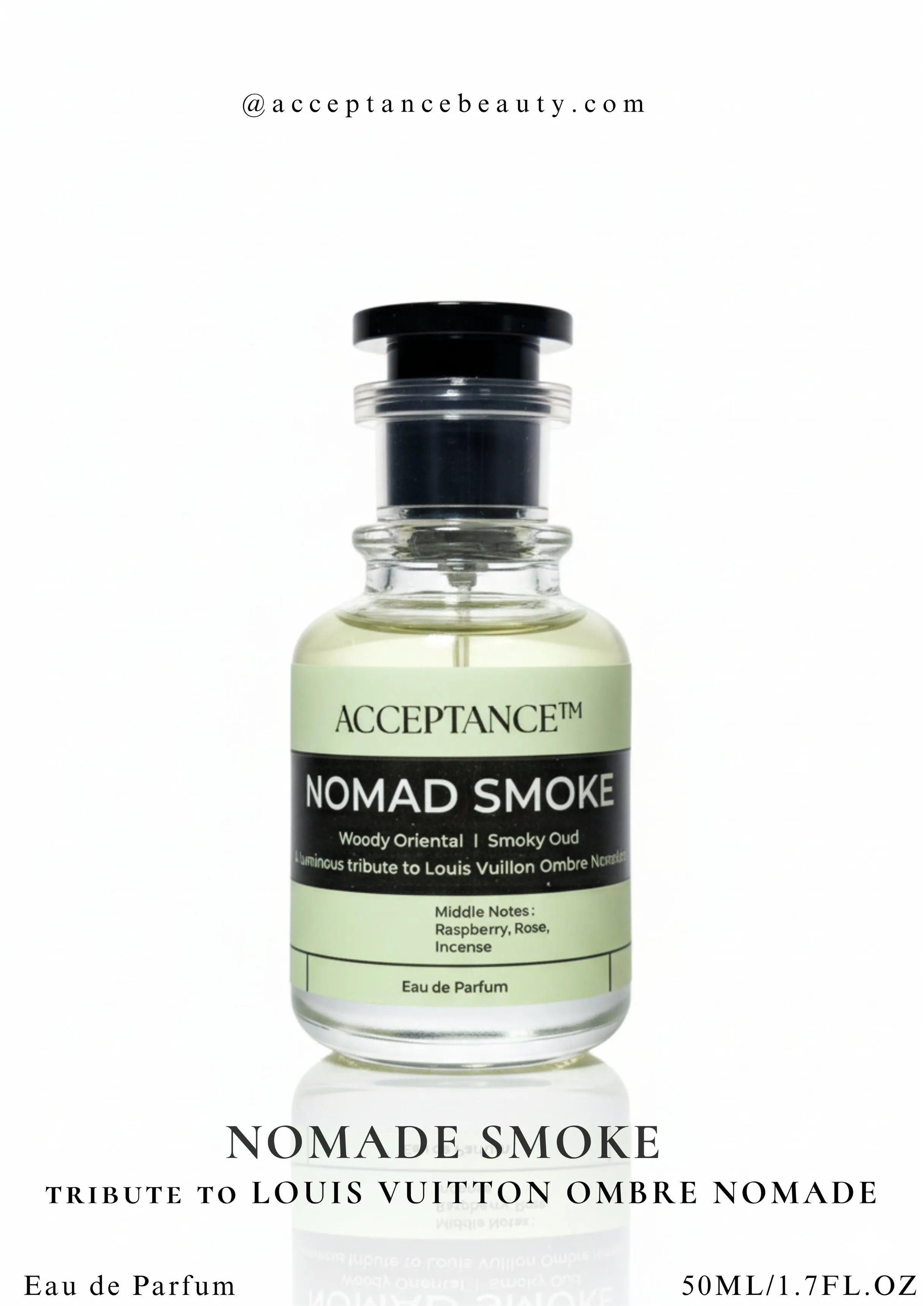 Perfume bottle labeled 'Nomad Smoke' by Acceptance on a white background