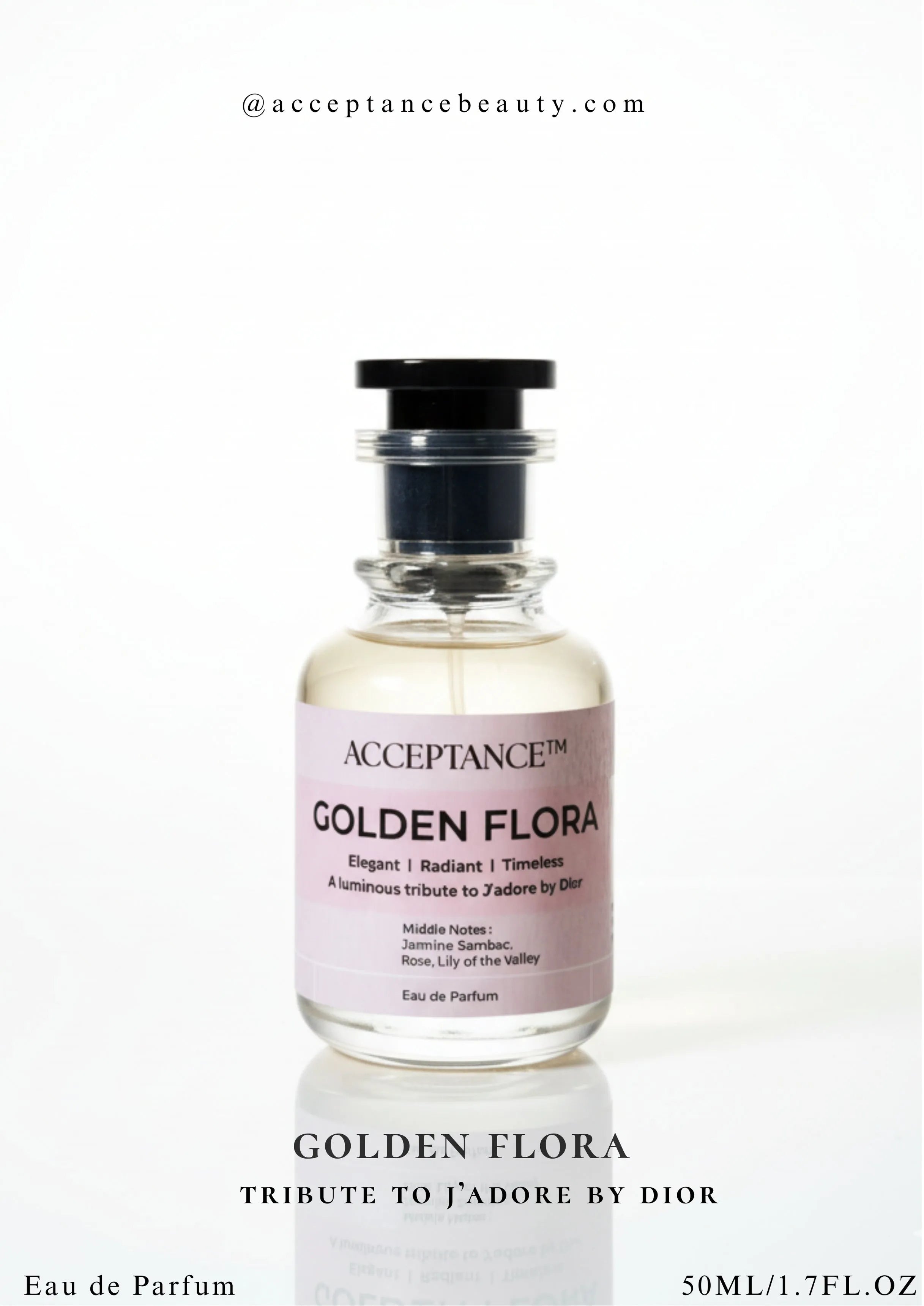 Perfume bottle labeled 'Golden Flora' by Acceptance on a white background