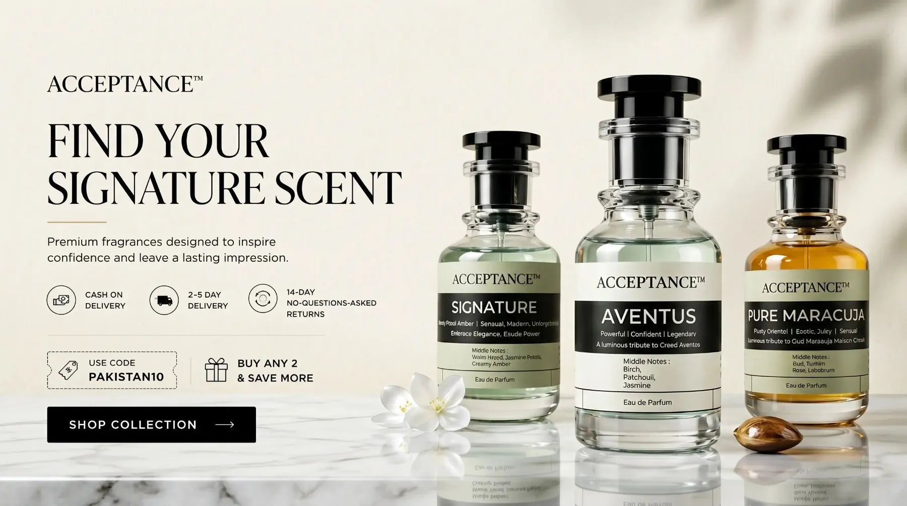 ACCEPTANCE Beauty homepage banner — premium long-lasting perfumes in Pakistan with cash on delivery