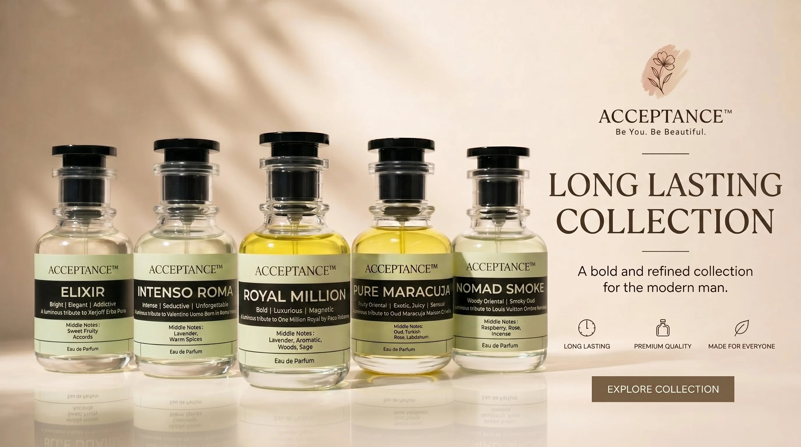 Collection of Acceptance men's cologne bottles on a beige background with brand name and product description text.