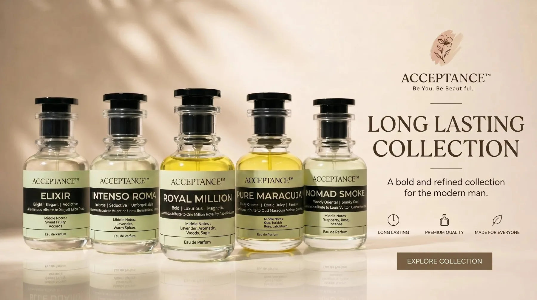 ACCEPTANCE long lasting perfumes in Pakistan — Elixir, Intenso Roma, Royal Million, Pure Maracuja and Nomad Smoke 50ml EDP