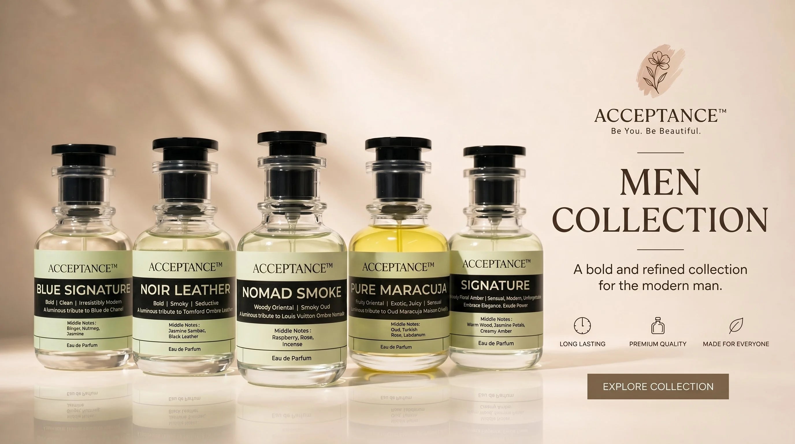 Five bottles of Acceptance Men Collection on a reflective surface with a beige background.