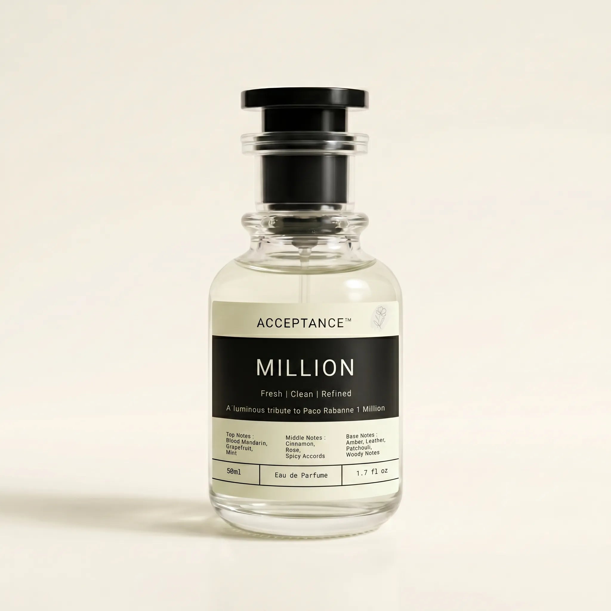 Perfume bottle labeled 'Savage' by 'Acceptance' on a light beige background