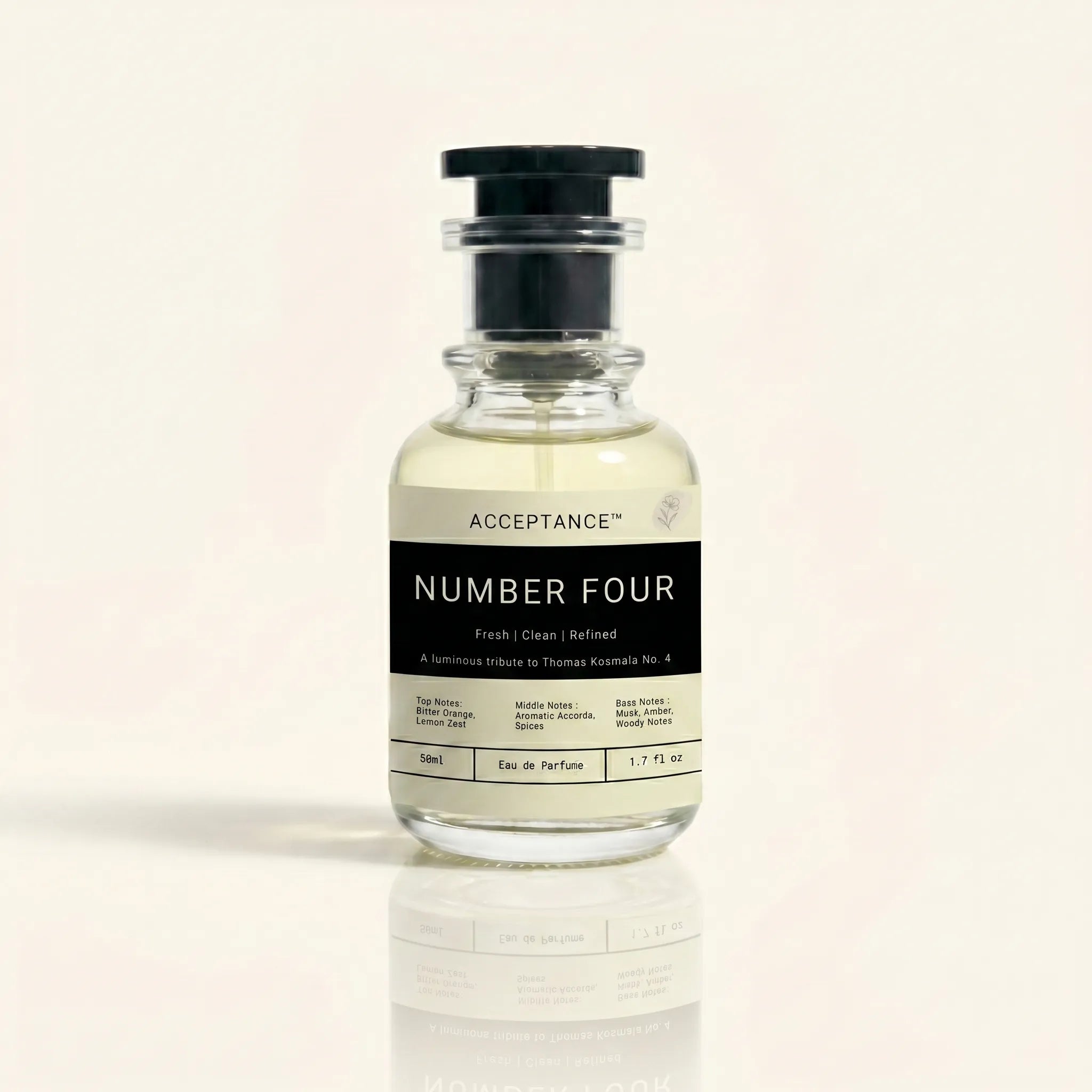 Perfume bottle labeled 'Number Four' on a beige background
