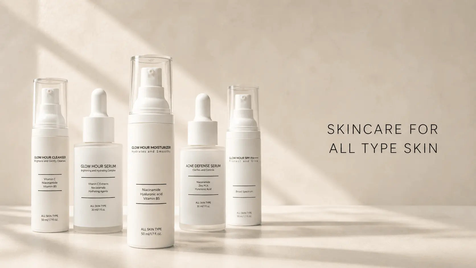 Set of skincare bottles on a neutral background with text 'Skincare for all type skin'.