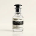Perfume bottle labeled 'Aventus' by 'Acceptance' on a light beige background