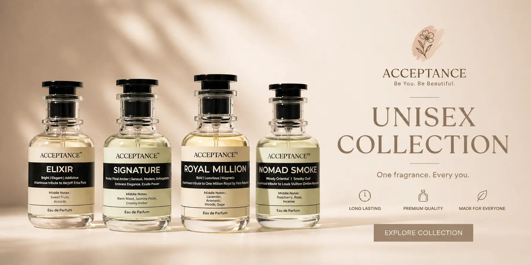 Four bottles of Acceptance Unisex Collection with labels on a beige background