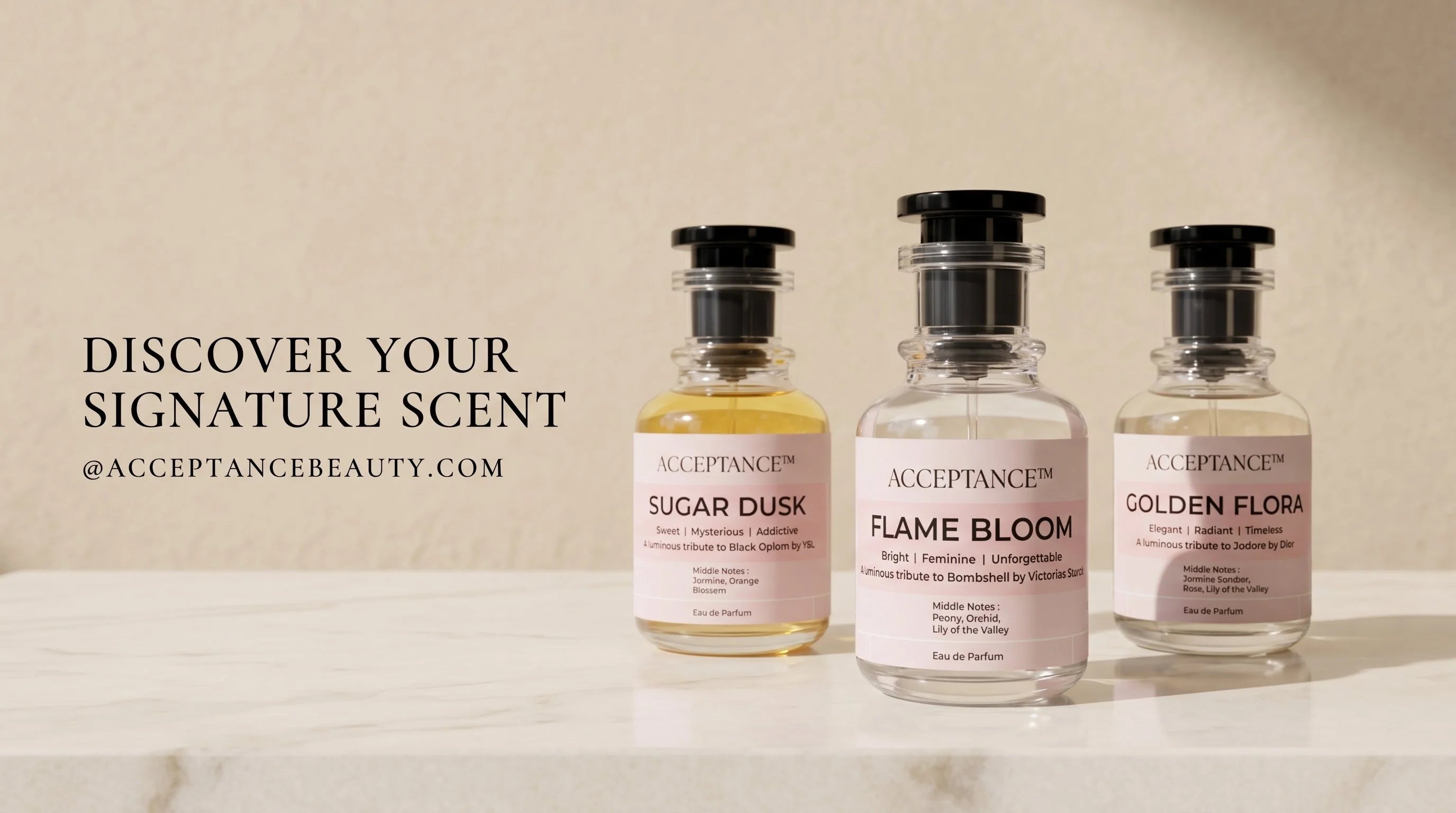 Three Acceptance Beauty perfume bottles on a marble surface with promotional text.