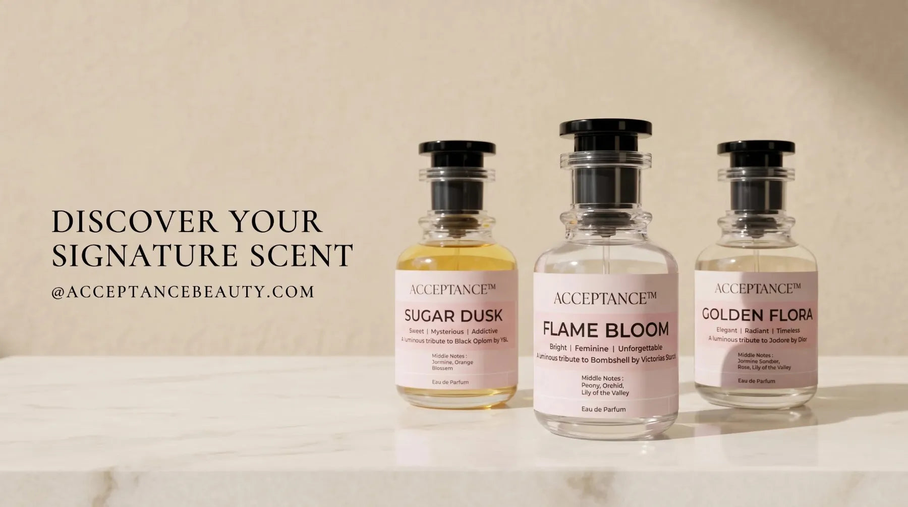 ACCEPTANCE women's perfume collection in Pakistan — Sugar Dusk, Flame Bloom and Golden Flora 50ml EDP